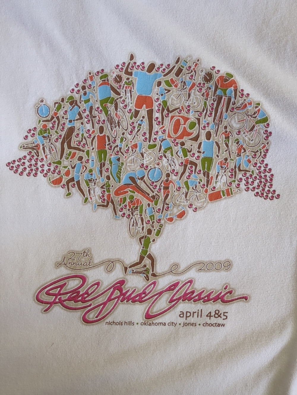 2009 Men's White Red Bud Classic Tee with Multicolor Race Tree Art